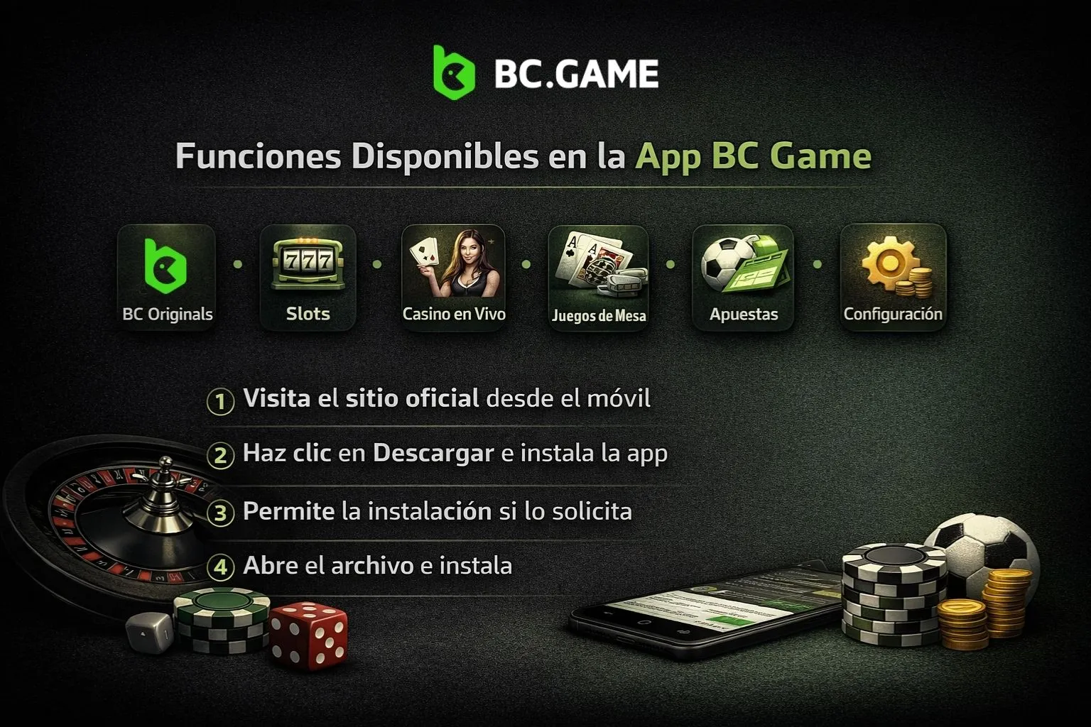 Funciones disponibles en la app BC Game