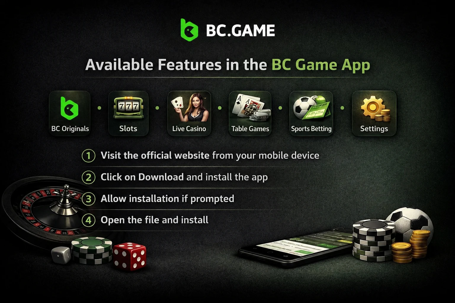 Features available in the BC Game app